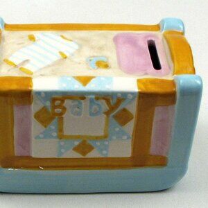 Ceramic Baby Crib Money Coin Bank 3 1/2" tall by 5 1/2" wide 049-11634